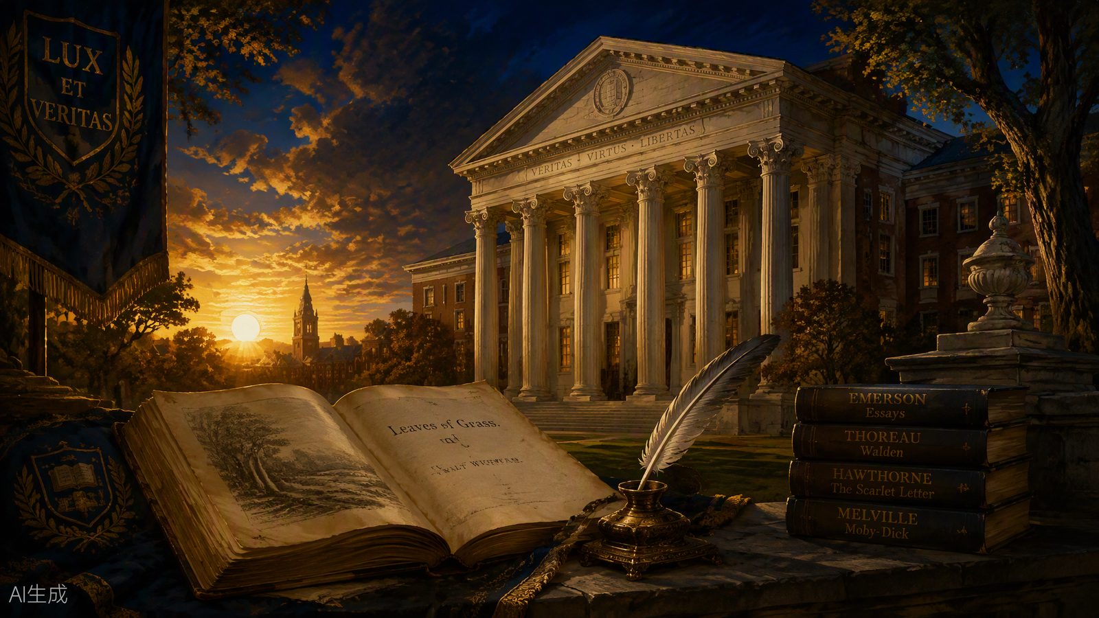 Painting of a classical university building at sunset with an open book, a quill, and a stack of nineteenth-century American novels.